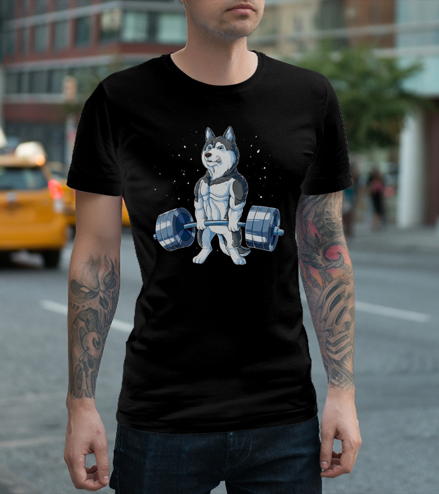 Siberian Husky Funny Weightlifting Deadlift Sketch T-Shirt
