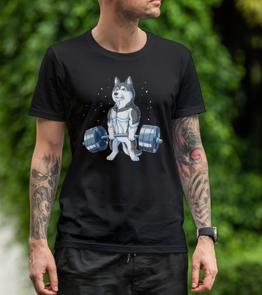 Siberian Husky Funny Weightlifting Deadlift Sketch T-Shirt