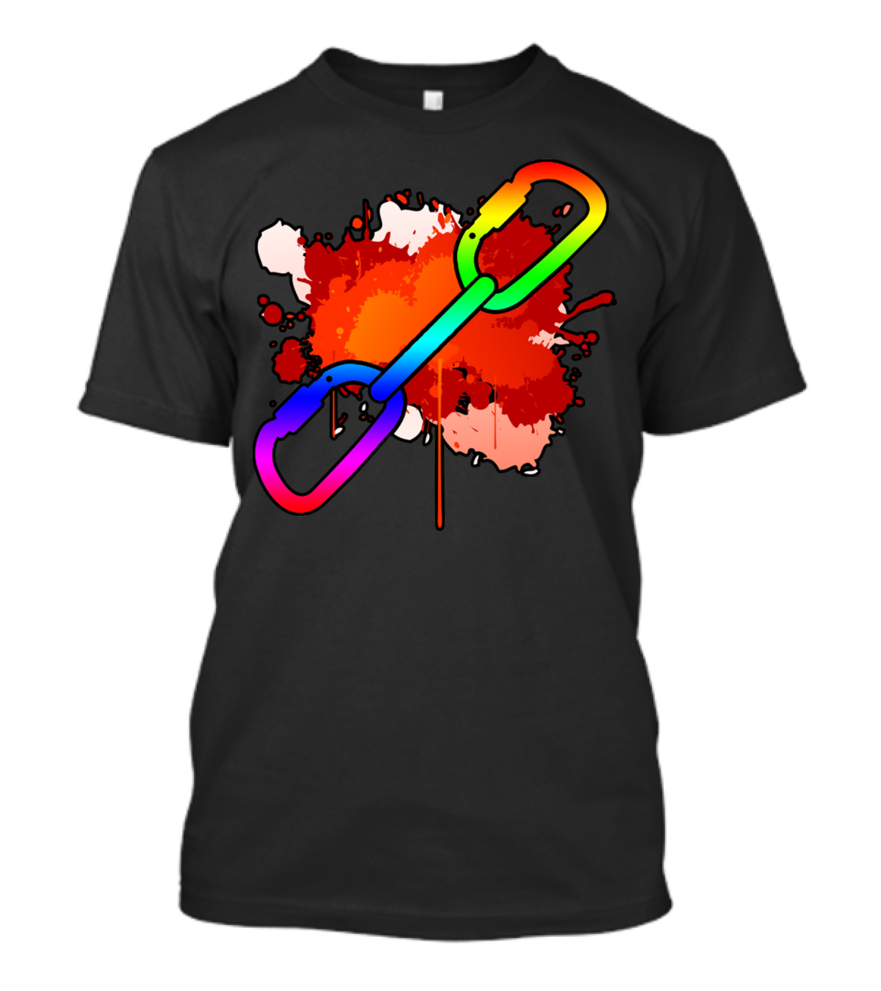 Climber Rainbow Carabiner On Red Paint Splatter Background T-Shirt