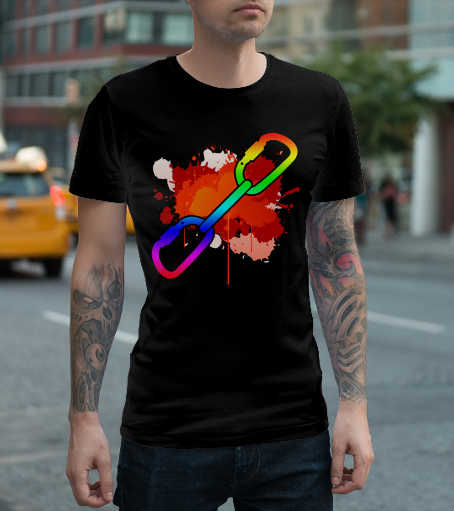 Climber Rainbow Carabiner On Red Paint Splatter Background T-Shirt
