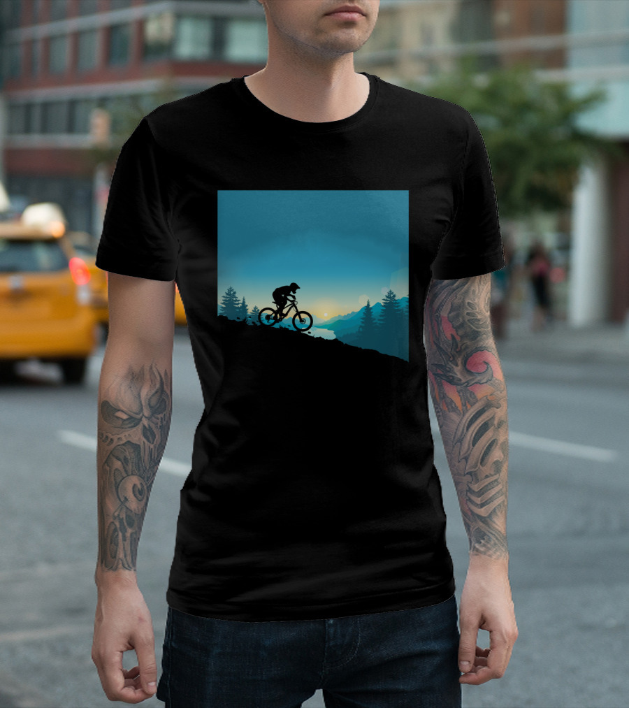 Mountain Rides Silhouette of Cyclist Against Sunrise in Pine Forest T-Shirt