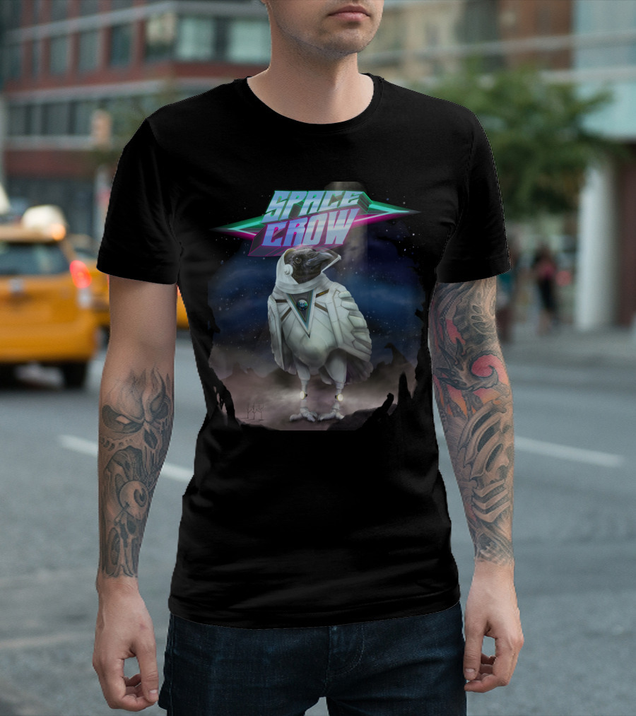 Space Crow Futuristic Galactic Bird in Astronaut Suit with Cosmic Background T-Shirt