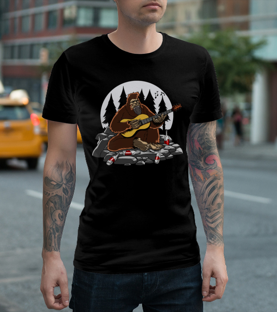 Bigfoot Playing Guitar Camping in Mountain Forest with Beer Bottles T-Shirt