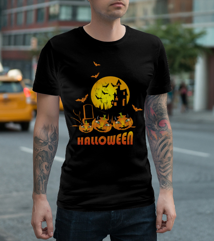 Halloween Castle with Pumpkins and Bats T-Shirt