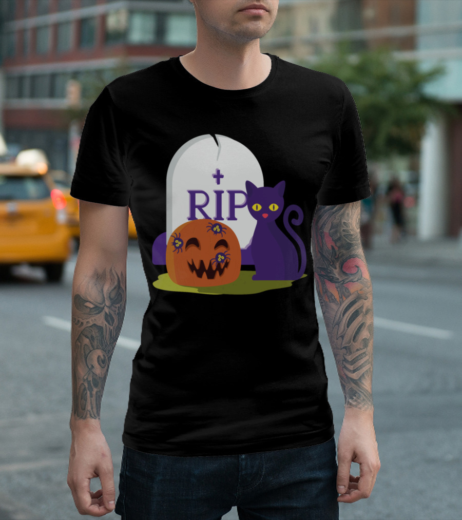 RIP Pumpkin With Spiders And Purple Cat T-Shirt