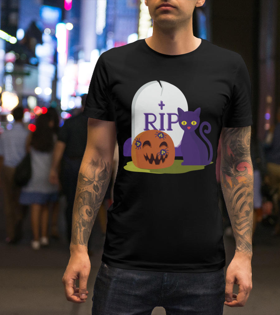 RIP Pumpkin With Spiders And Purple Cat T-Shirt