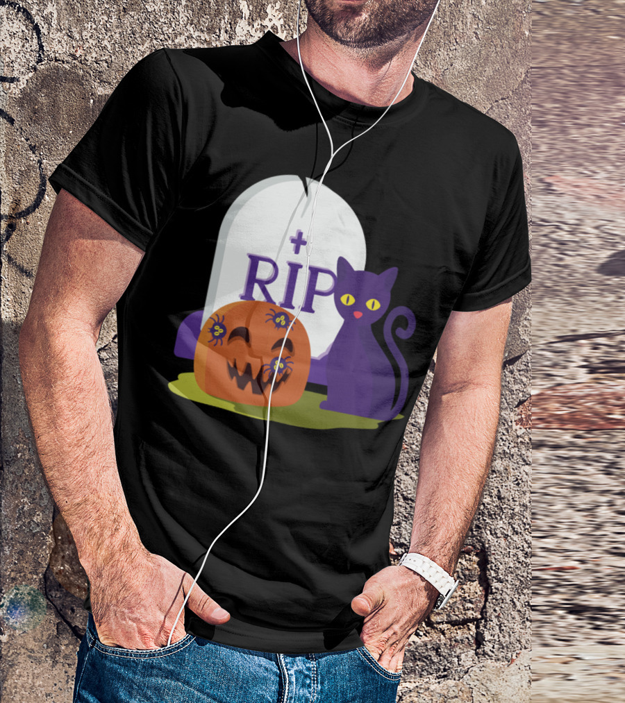 RIP Pumpkin With Spiders And Purple Cat T-Shirt