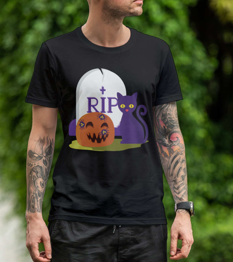RIP Pumpkin With Spiders And Purple Cat T-Shirt