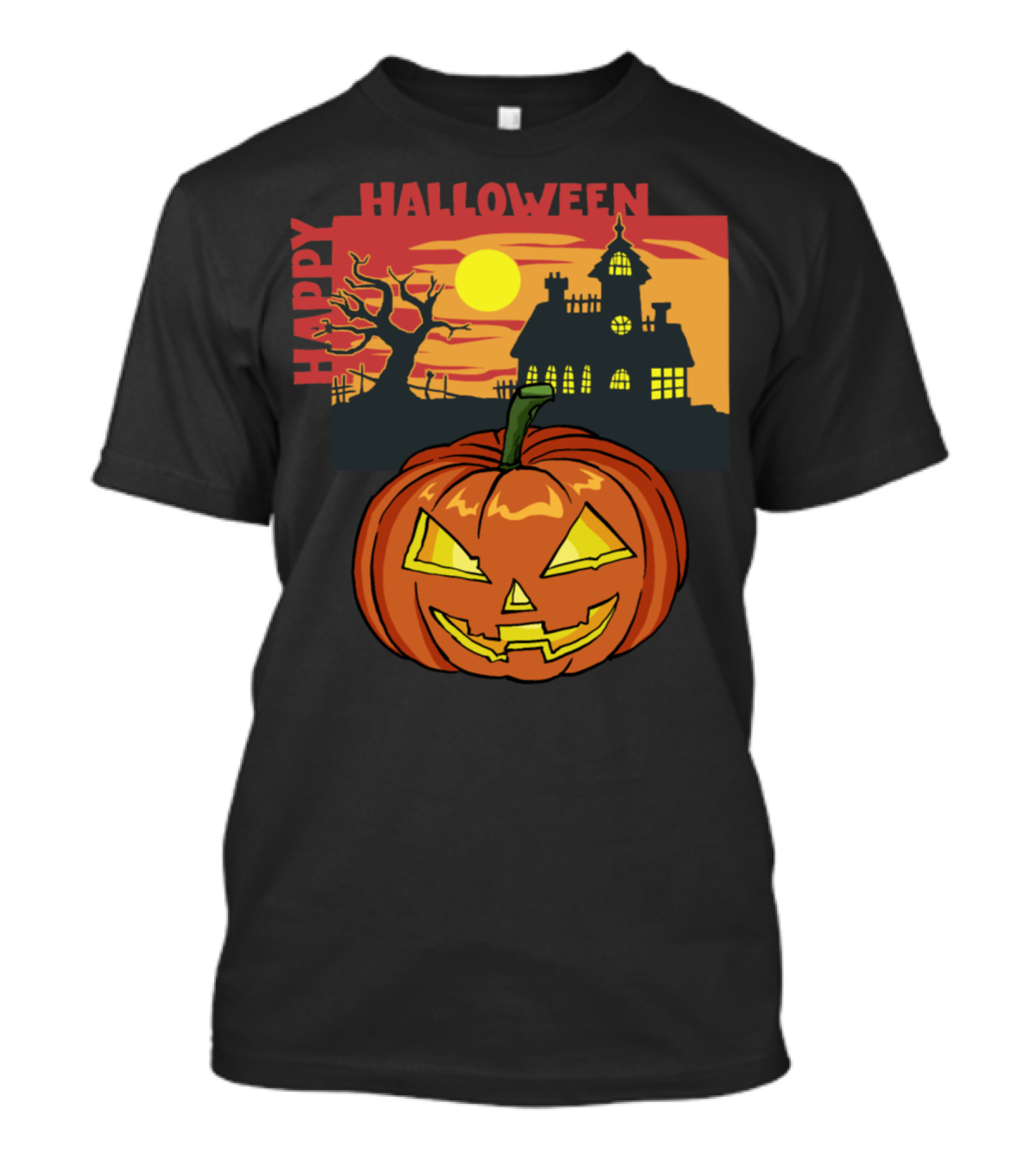 Happy Halloween Pumpkin Face Haunted House Sunset T-Shirt