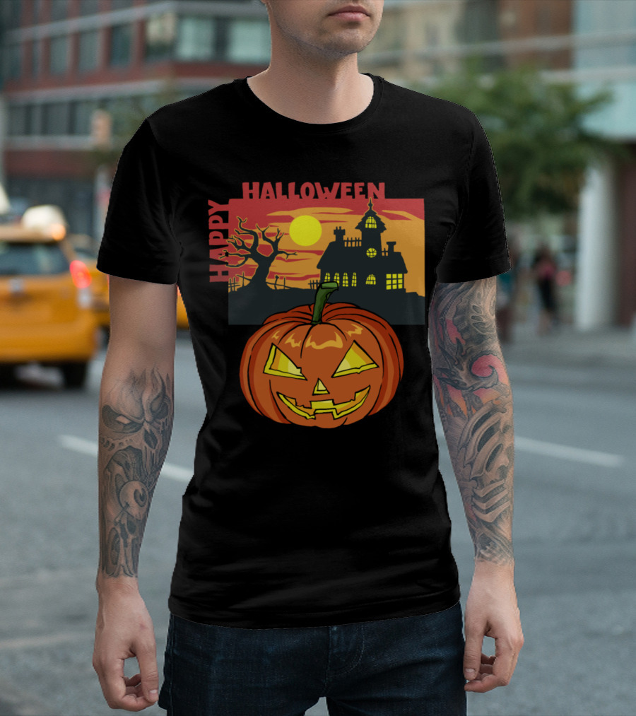 Happy Halloween Pumpkin Face Haunted House Sunset T-Shirt
