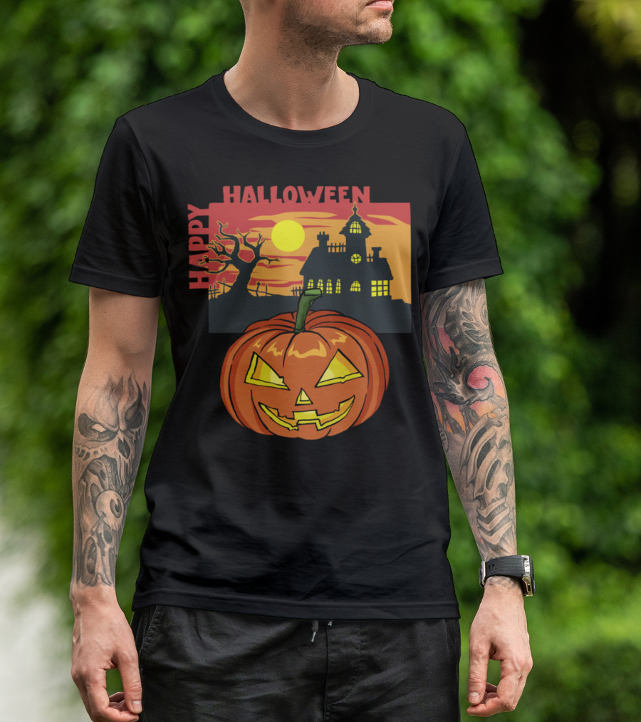 Happy Halloween Pumpkin Face Haunted House Sunset T-Shirt