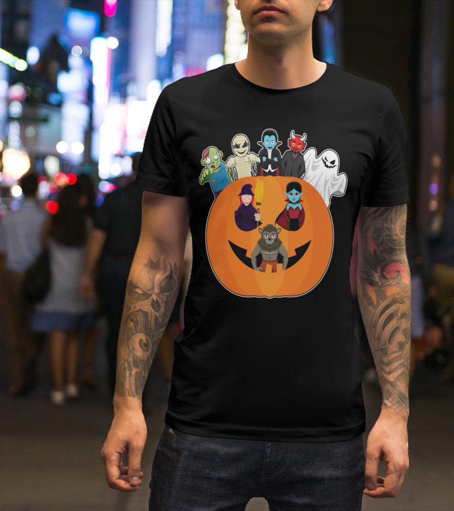 Halloween Monster Ensemble In Giant Pumpkin T-Shirt