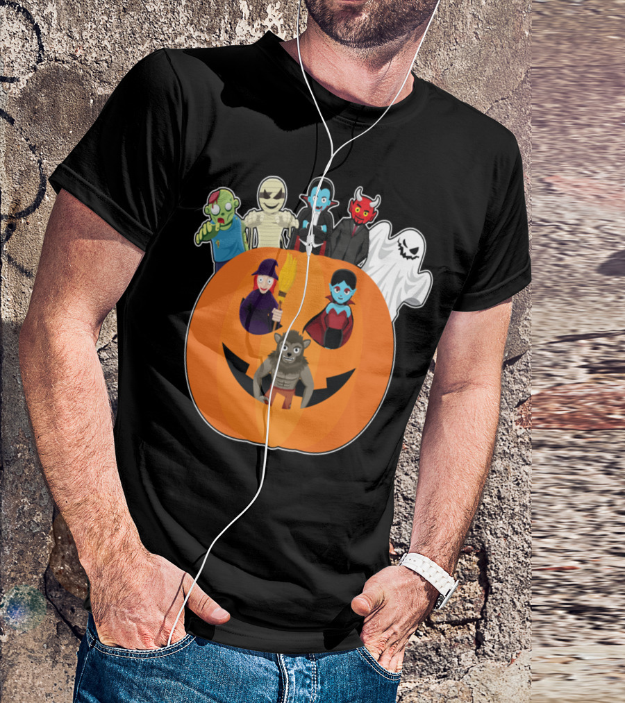 Halloween Monster Ensemble In Giant Pumpkin T-Shirt
