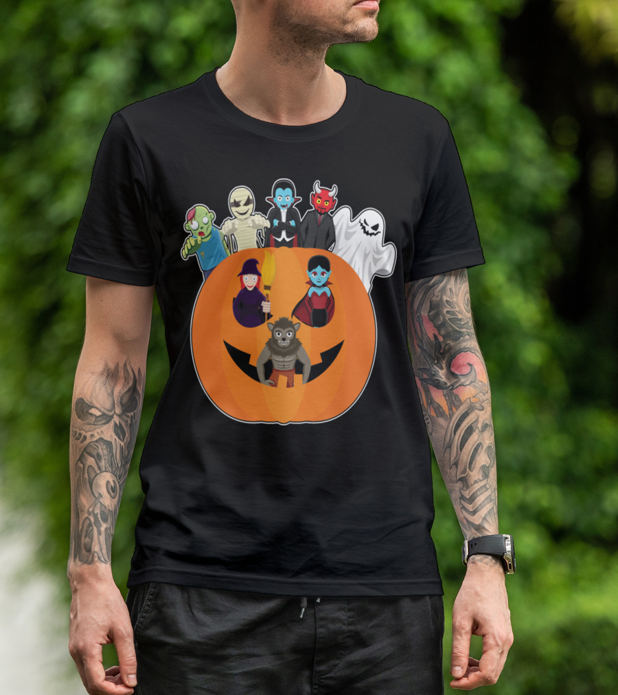 Halloween Monster Ensemble In Giant Pumpkin T-Shirt