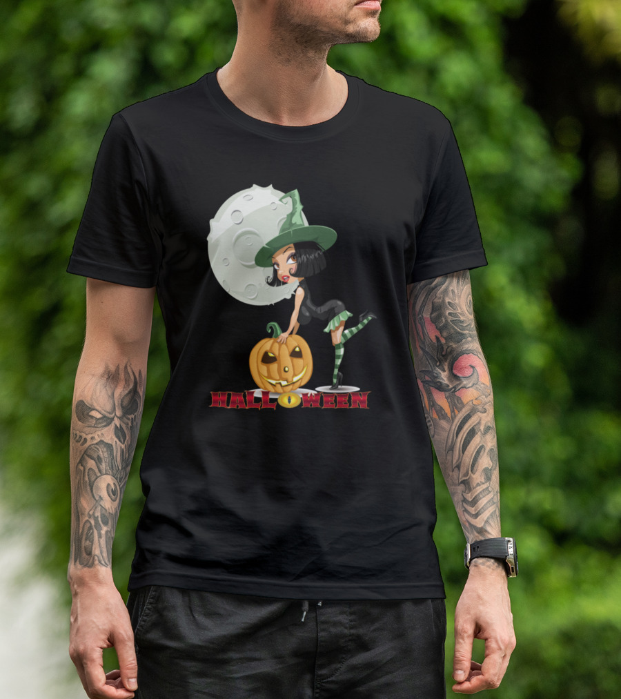 Halloween Witch With Pumpkin Moon T-Shirt