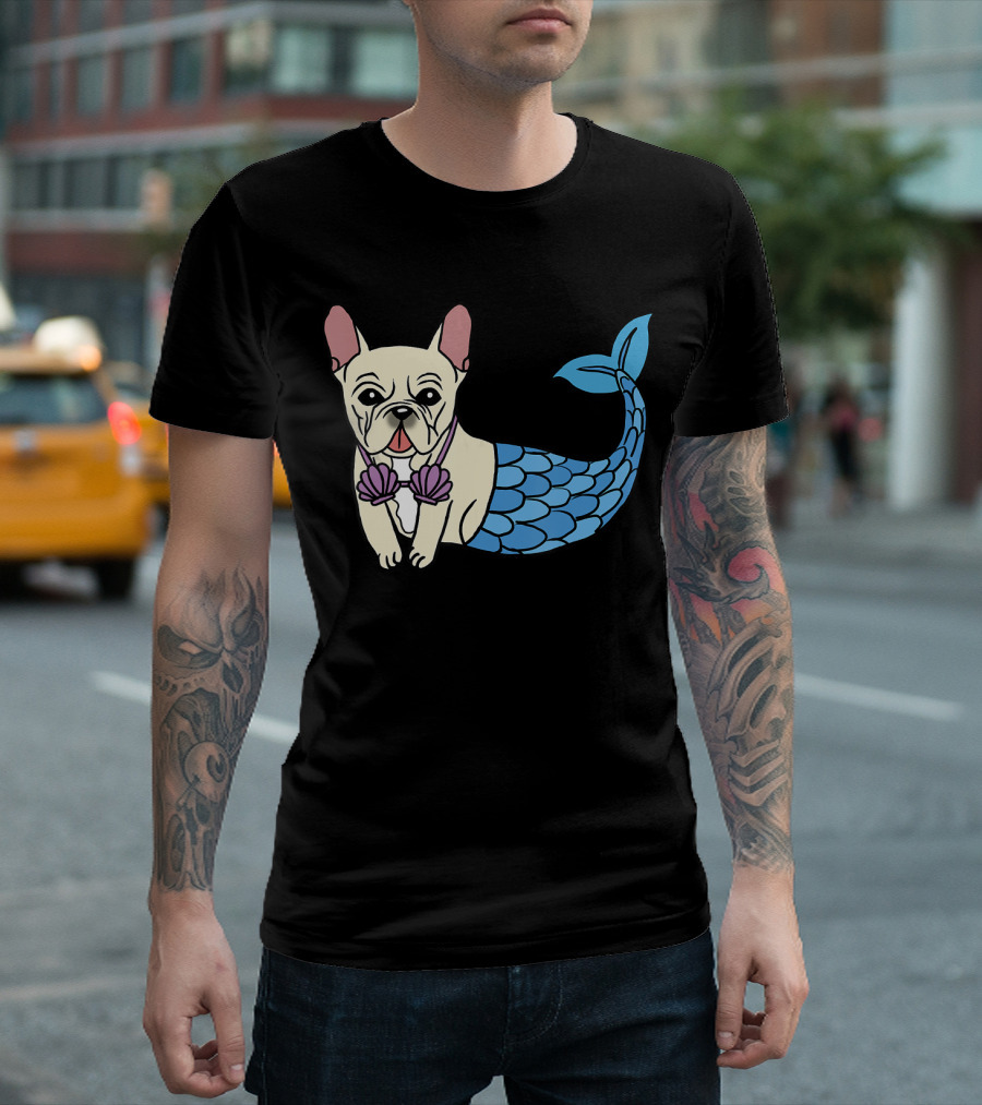 Cream French Bulldog Mermaid with Shell Bra Funny Do T-Shirt