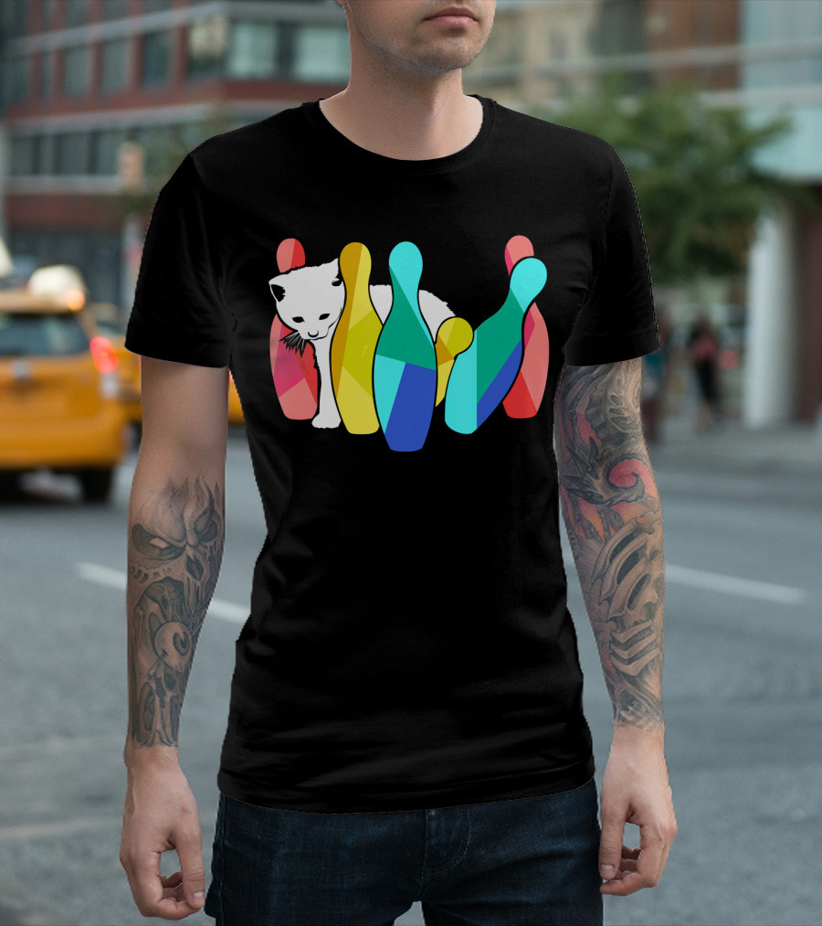 Playful Cute Cat Knocking Over Colorful Bowling Pins Kitty T-Shirt
