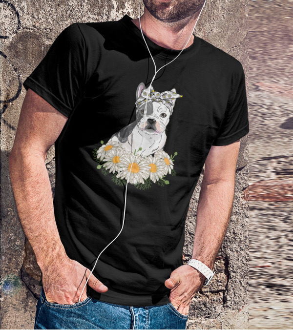 French Bulldog With Daisy Headband And Flower Garden T-Shirt