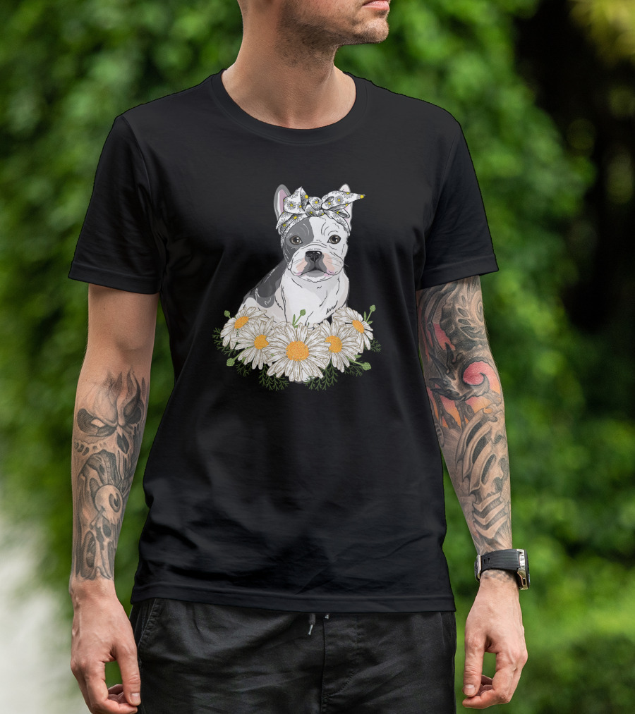 French Bulldog With Daisy Headband And Flower Garden T-Shirt