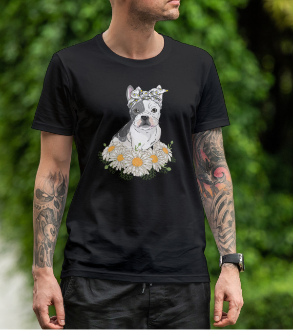 French Bulldog With Daisy Headband And Flower Garden T-Shirt