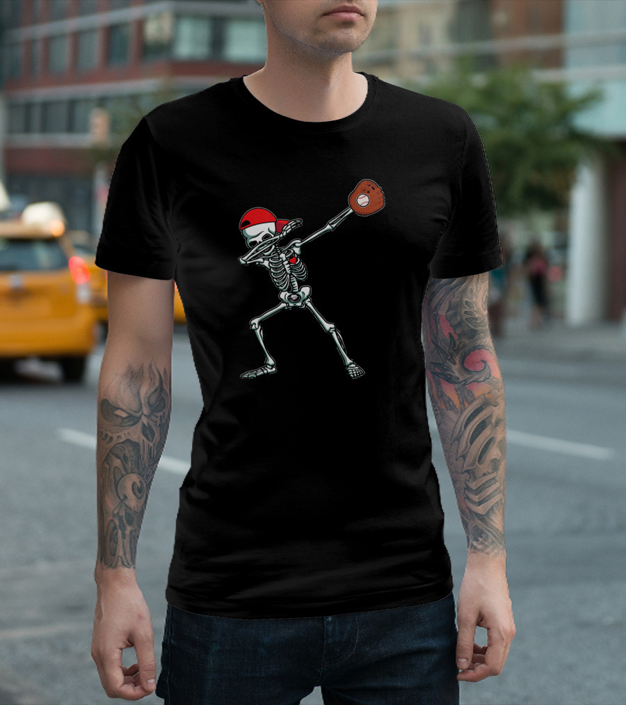 Skeleton Dabbing In Red Cap With Baseball Glove T-Shirt