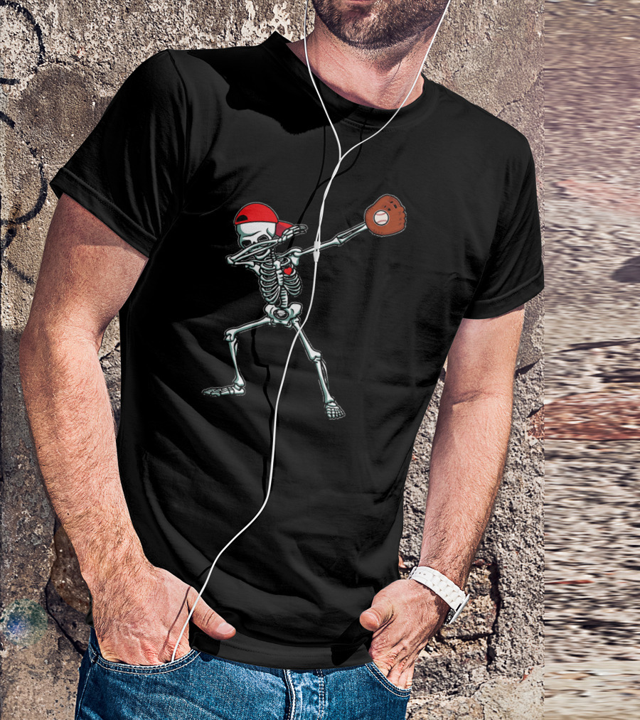 Skeleton Dabbing In Red Cap With Baseball Glove T-Shirt
