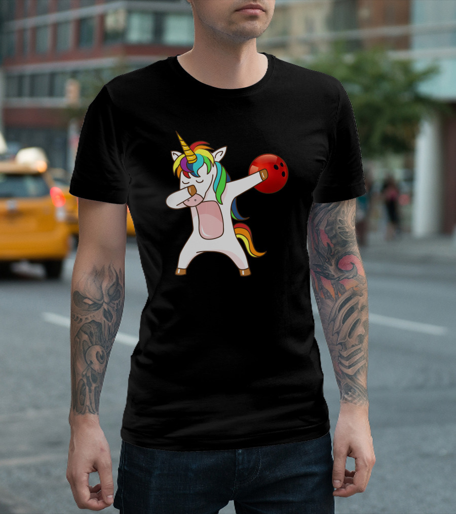 Dabbing Unicorn with Bowling Ball Rainbow Unico T-Shirt