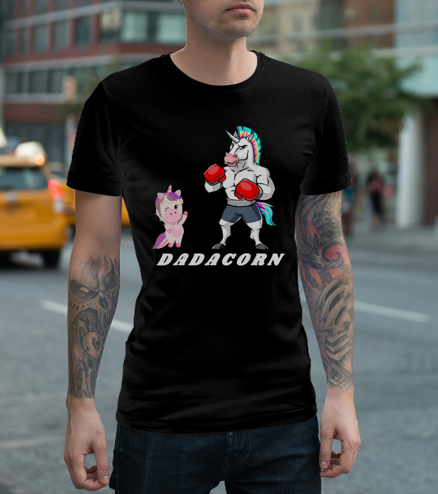 Dadacorn Boxing Unicorn Dad Baby With Muscle And Rainbow Mane T-Shirt