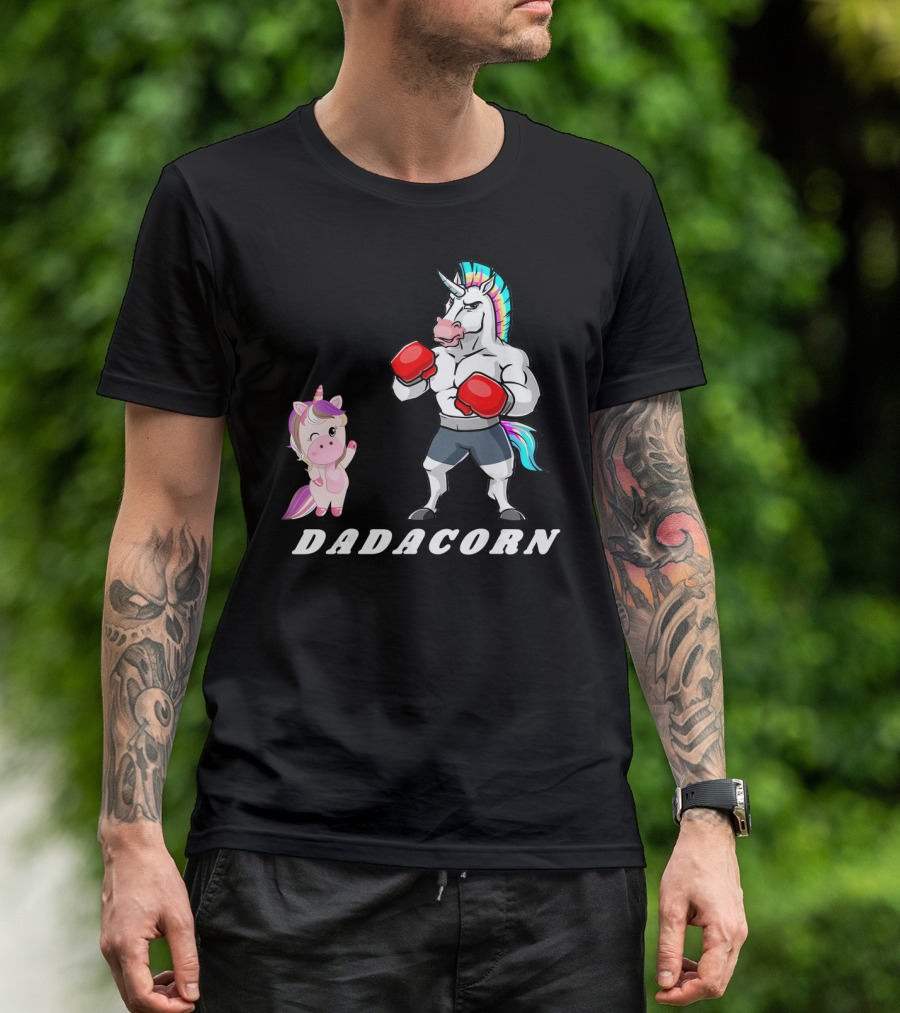 Dadacorn Boxing Unicorn Dad Baby With Muscle And Rainbow Mane T-Shirt