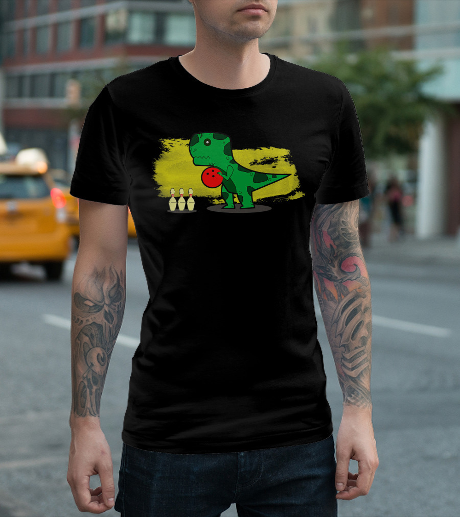 Dino Bowler with Red Bowling Ball and Pins in Yellow Splash Background T-Shirt