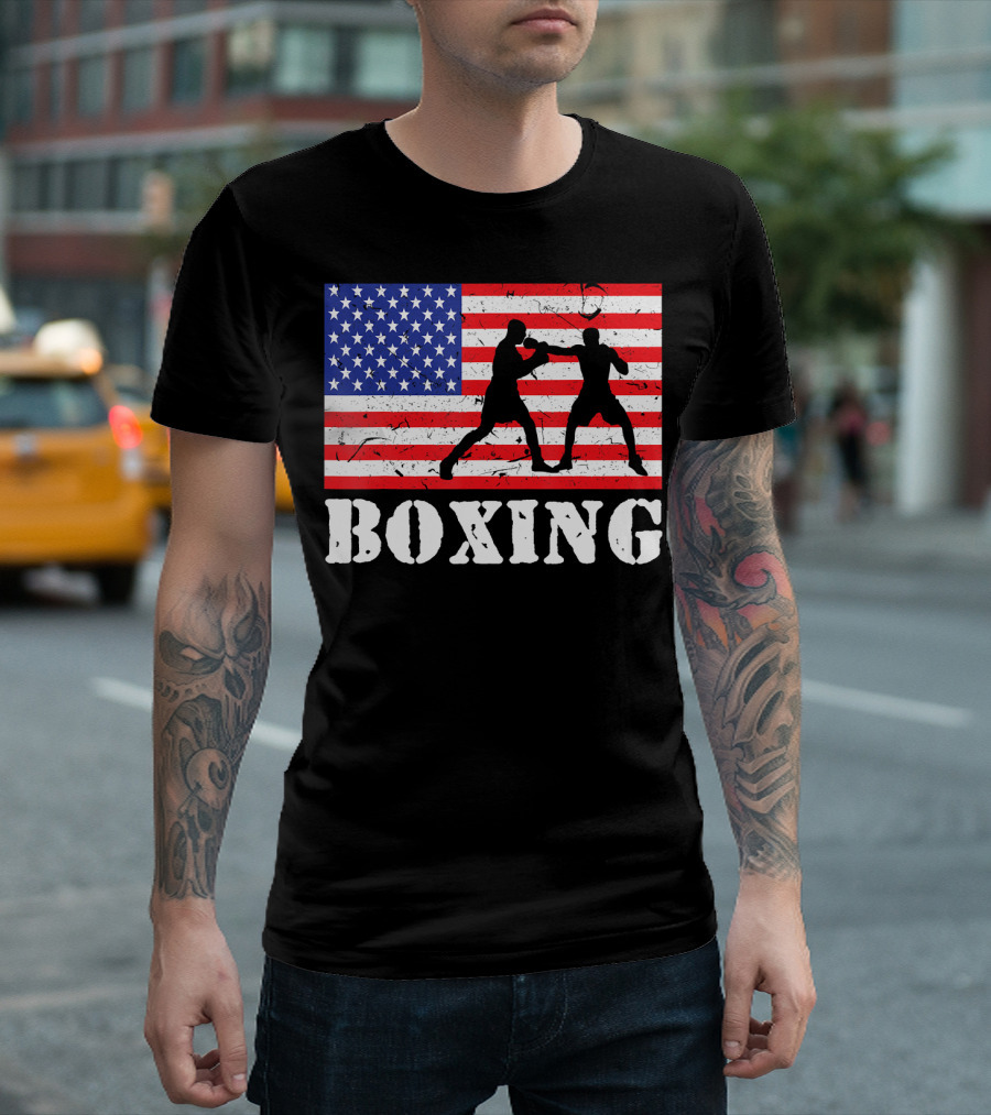 Distressed Boxing USA American Flag with Fighters T-Shirt