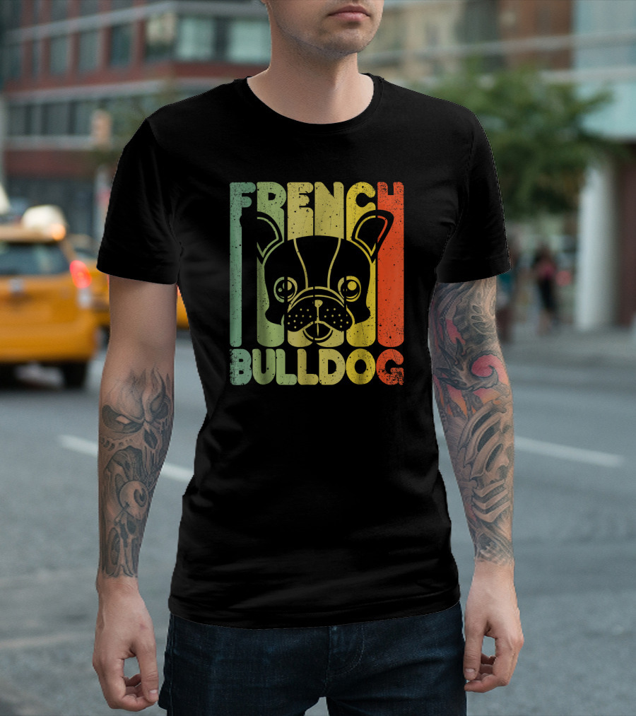Distressed French Bulldog Vintage Rainbow Stripes T-Shirt