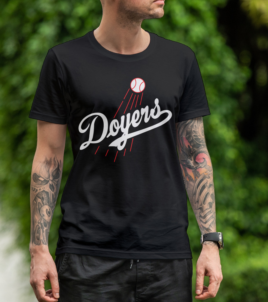 Doyers Baseball Red And White Script With Flying Ball T-Shirt