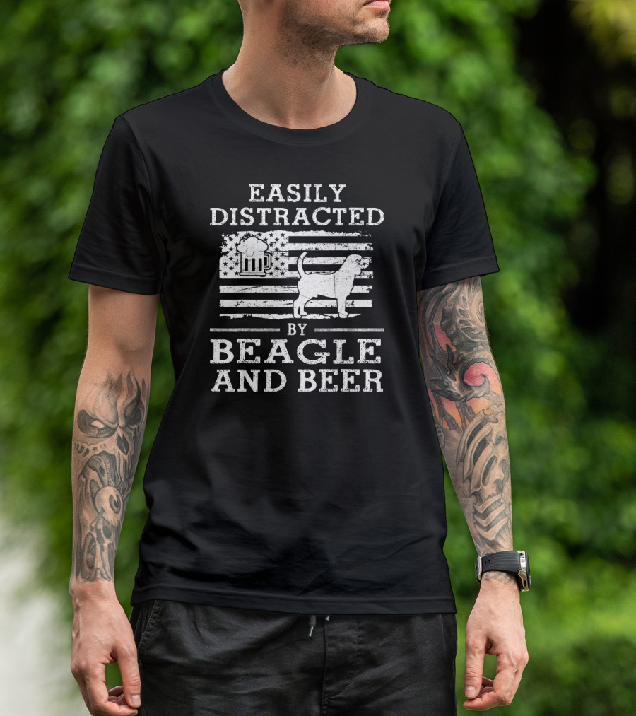 Easily Distracted By Beagle And Beer American Flag T-Shirt
