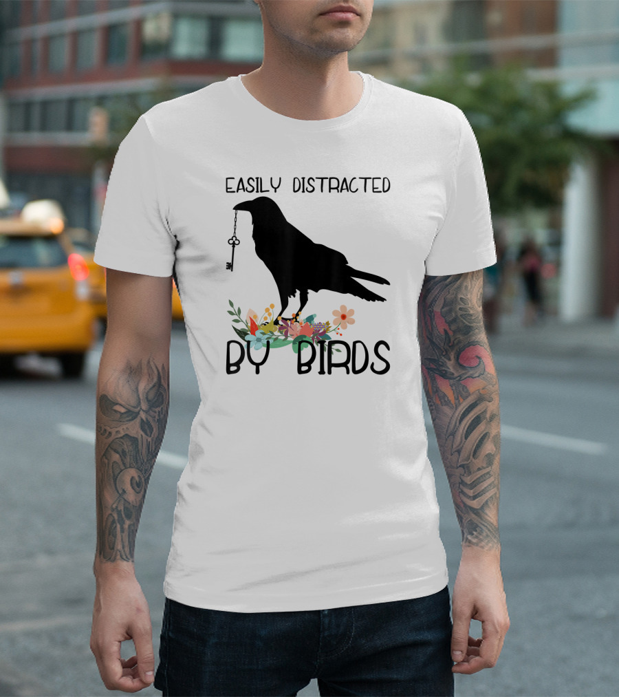 Easily Distracted By Birds Silhouette of Bird with Key and Floral Elements T-Shirt