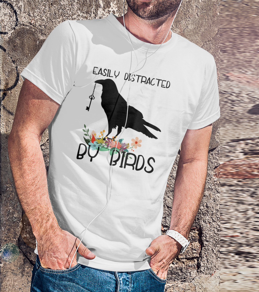 Easily Distracted By Birds Silhouette Of Bird With Key And Floral Elements T-Shirt