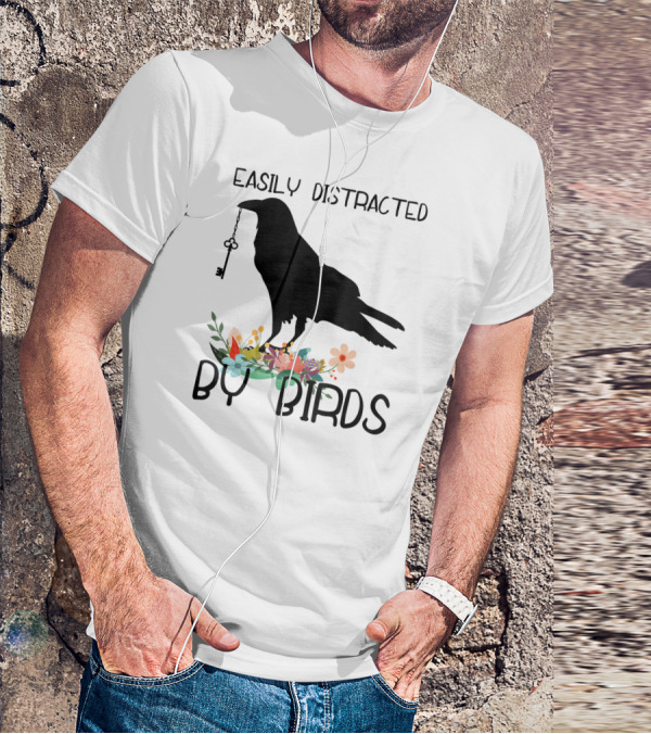 Easily Distracted By Birds Silhouette Of Bird With Key And Floral Elements T-Shirt