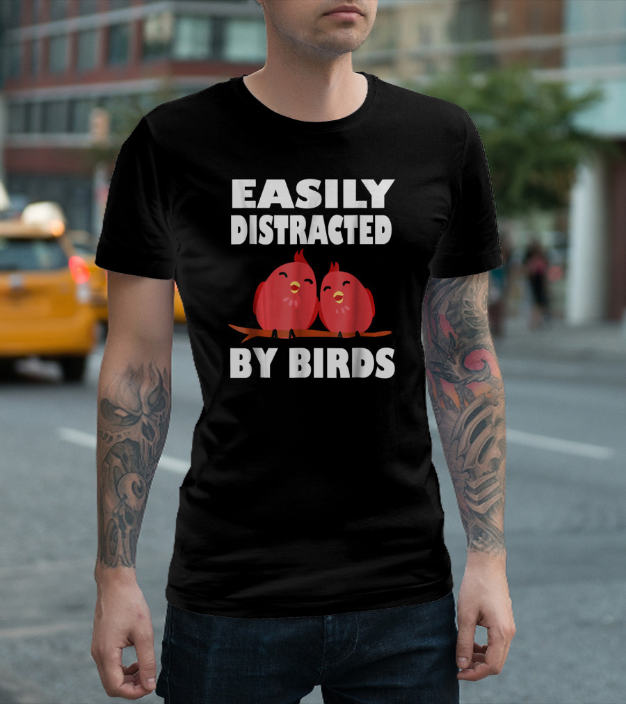 Easily Distracted By Birds Red Cartoon Style Bird Pair T-Shirt