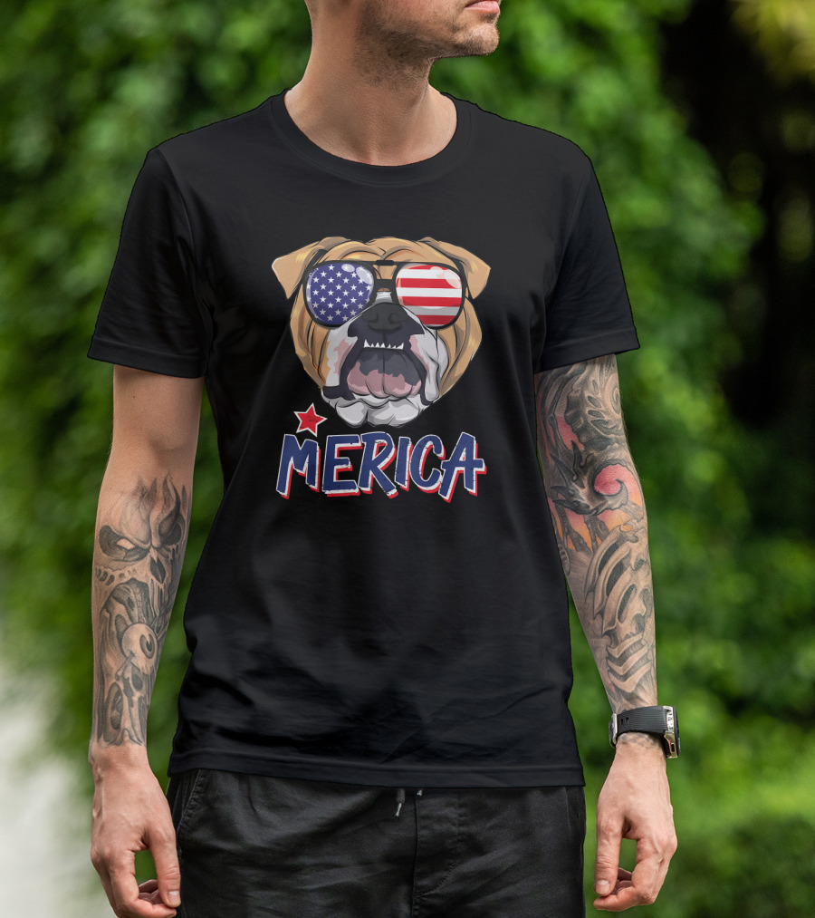 English Bulldog Merica American Flag Sunglasses T-Shirt