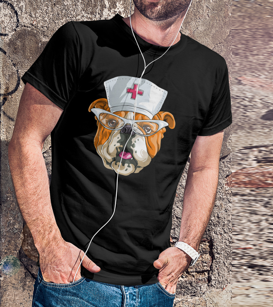English Bulldog Nurse Hat Glasses Dog T-Shirt