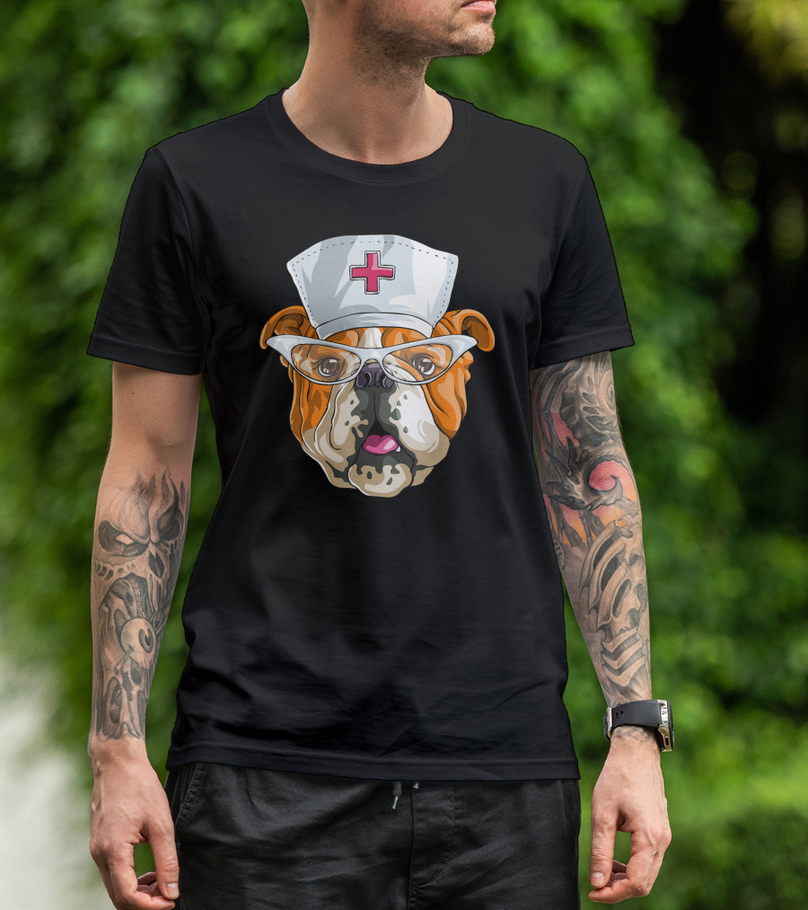 English Bulldog Nurse Hat Glasses Dog T-Shirt