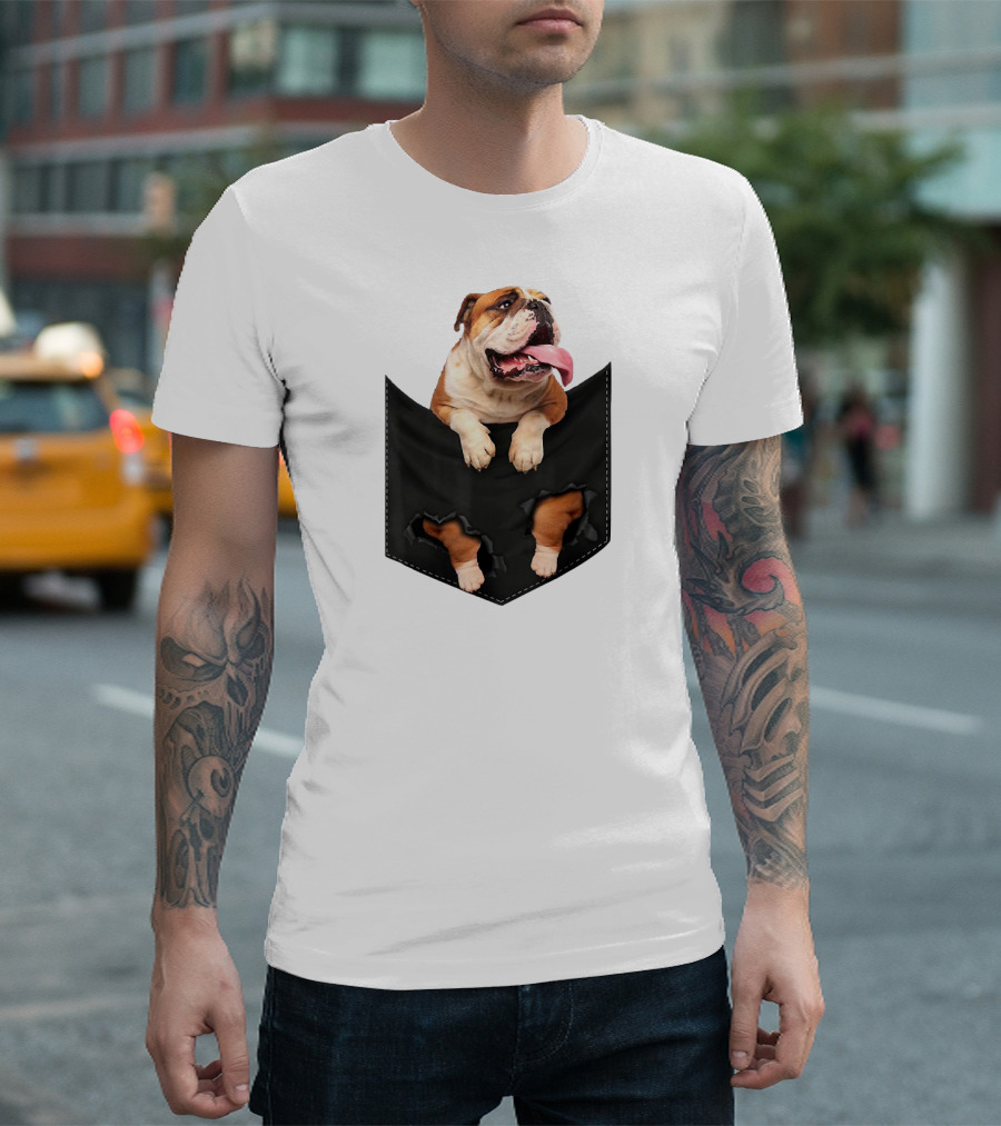 English Bulldog Pocket Mid Bulldog Peeking Out T-Shirt