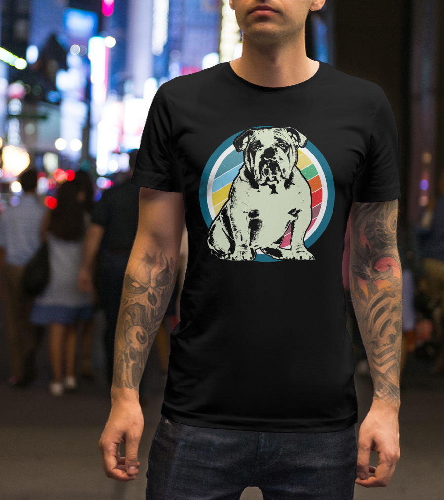 English Bulldog Retro Style Rainbow Circle T-Shirt