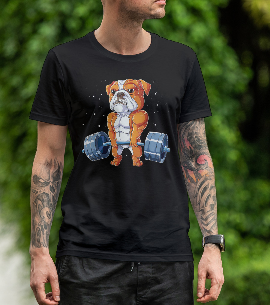 English Bulldog Weightlifting Humor Barbell Challenge T-Shirt