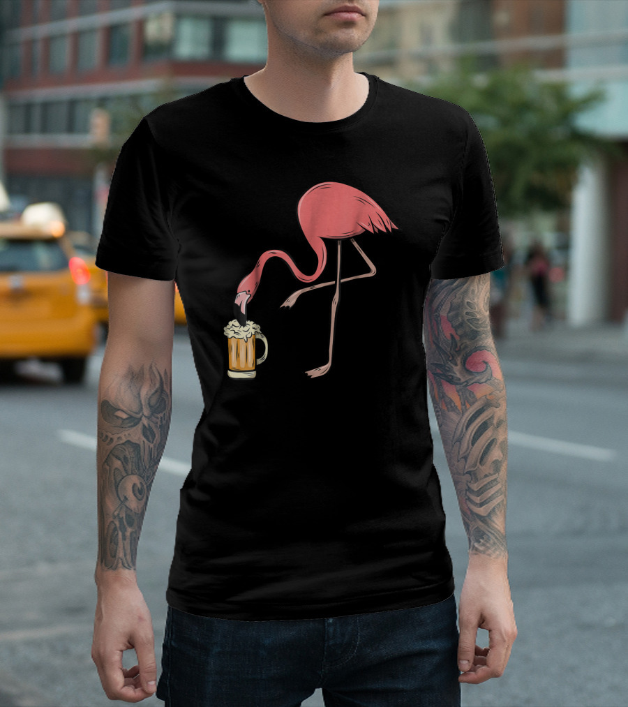 Funny Pink Flamingo Drinking Beer Illustrative Humor T-Shirt