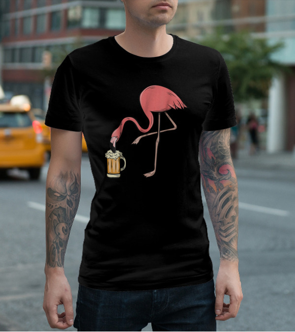 Funny Pink Flamingo Drinking Beer Illustrative Humor T-Shirt