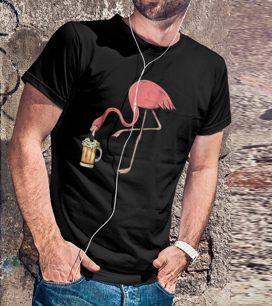 Funny Pink Flamingo Drinking Beer Illustrative Humor T-Shirt