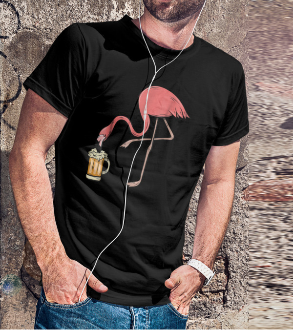 Funny Pink Flamingo Drinking Beer Illustrative Humor T-Shirt
