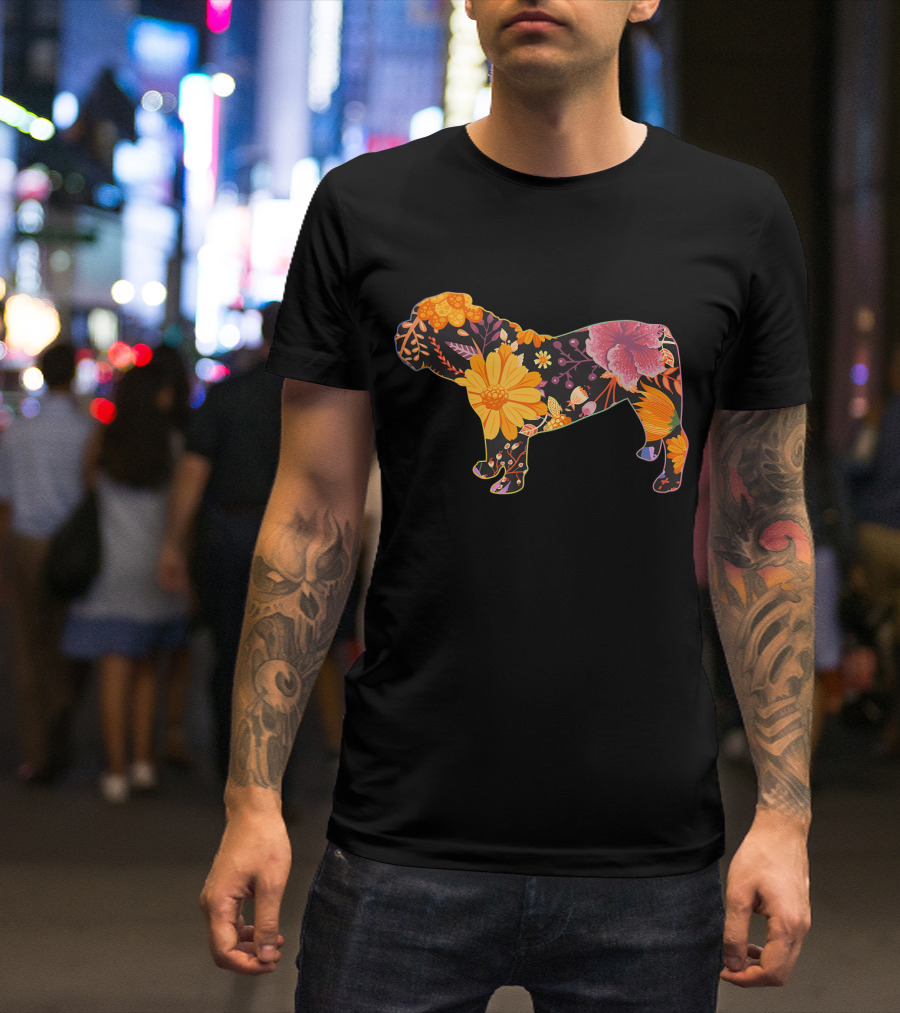 Floral Flower Vintage Bulldog Silhouette With Colorful Botanical T-Shirt