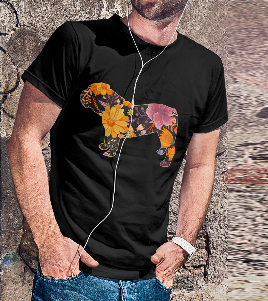 Floral Flower Vintage Bulldog Silhouette With Colorful Botanical T-Shirt